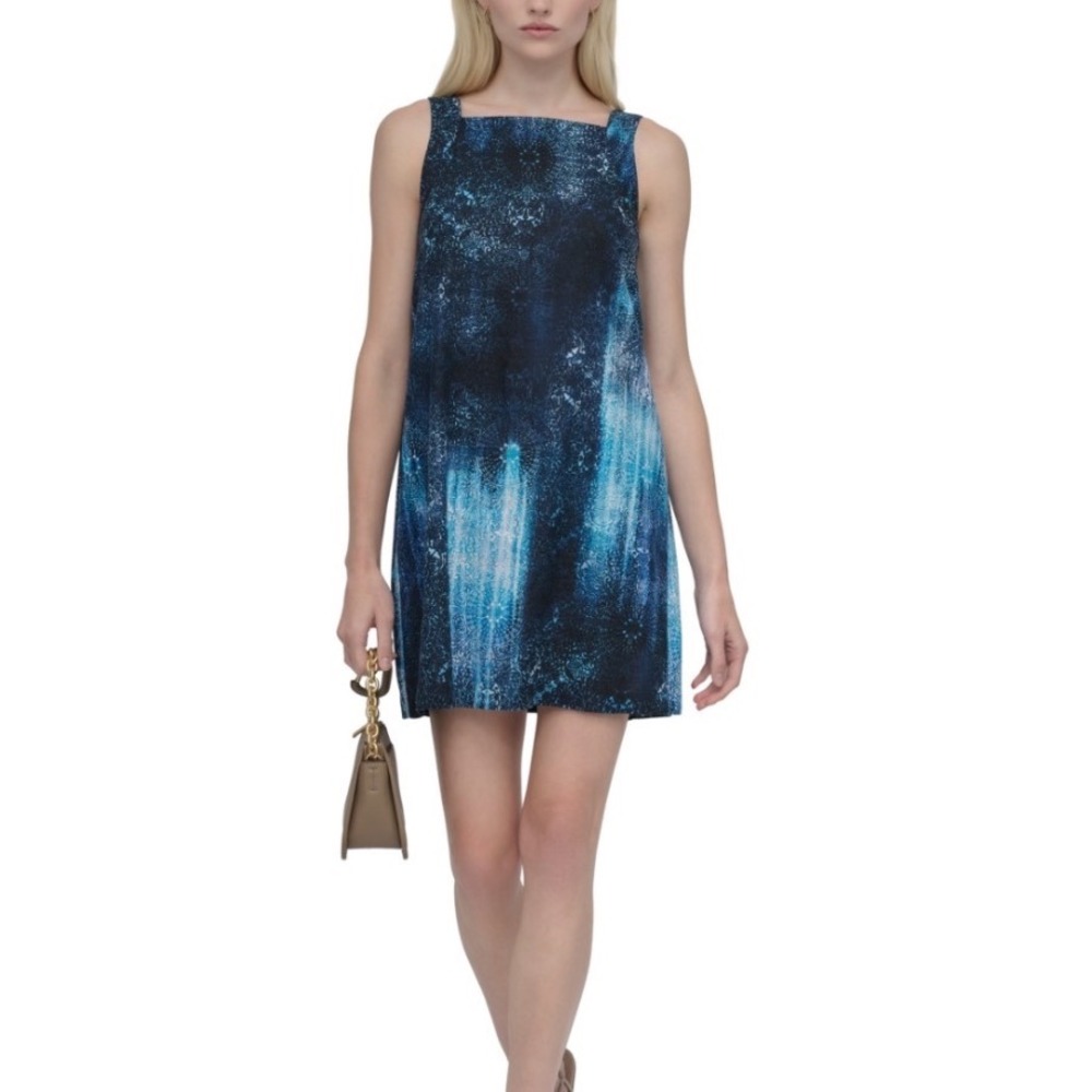 DKNY Linen Blend Shift Dress Women 12 NWT Blue Tie Back Mini MSRP $129
